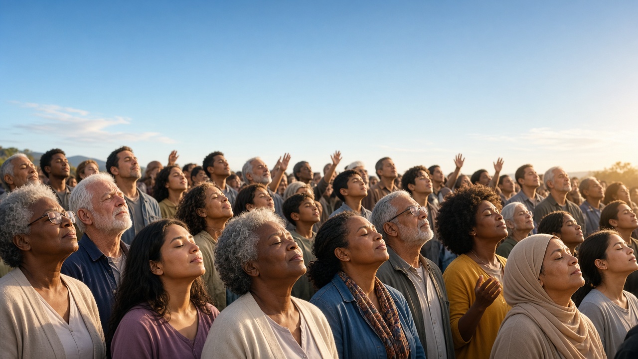 A large crowd of people praying together, looking up toward a clear blue sky